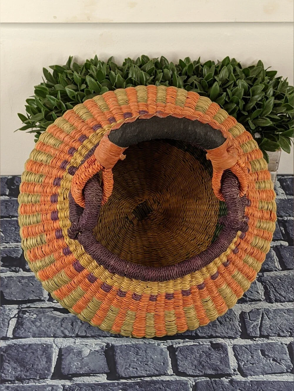 Handwoven African Bolga Basket w/ Wrapped Leather Handle